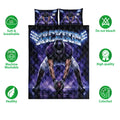 Football quilt bedding set shown with player artwork, stadium lighting, and product feature icons