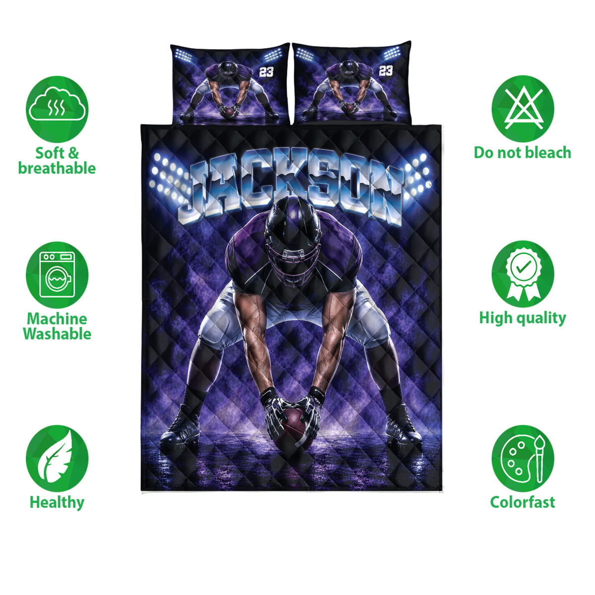 Football quilt bedding set shown with player artwork, stadium lighting, and product feature icons