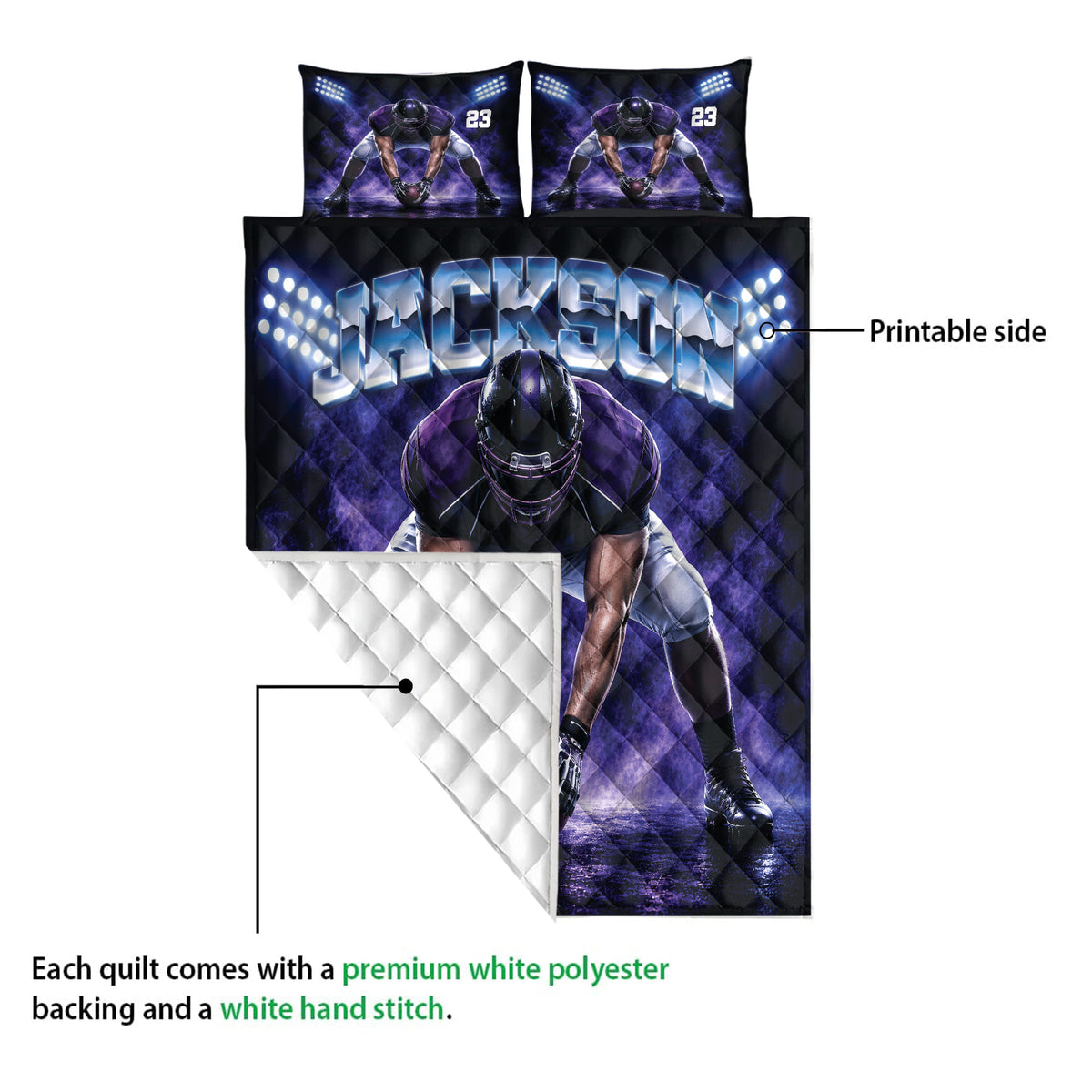 Football quilt showing the vivid printable front and white quilted backing with stitched construction