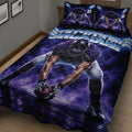 Close view of a purple football quilt blanket featuring a helmeted player, football, and dramatic field artwork