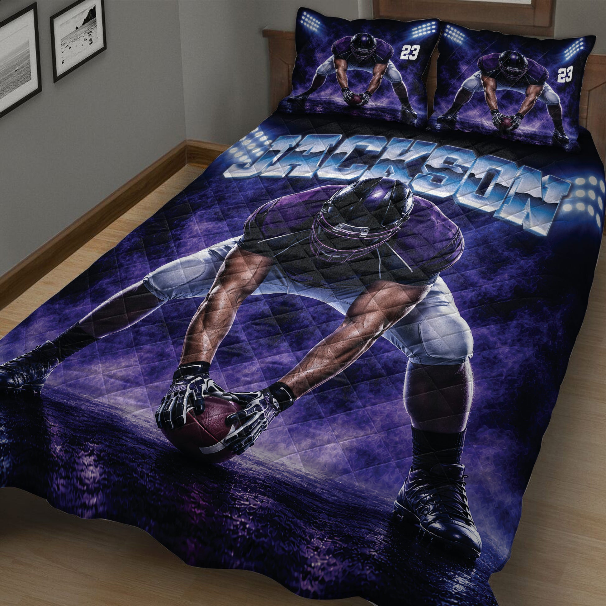 Close view of a purple football quilt blanket featuring a helmeted player, football, and dramatic field artwork