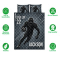 Football bedding set shown with helmeted player artwork and product feature icons