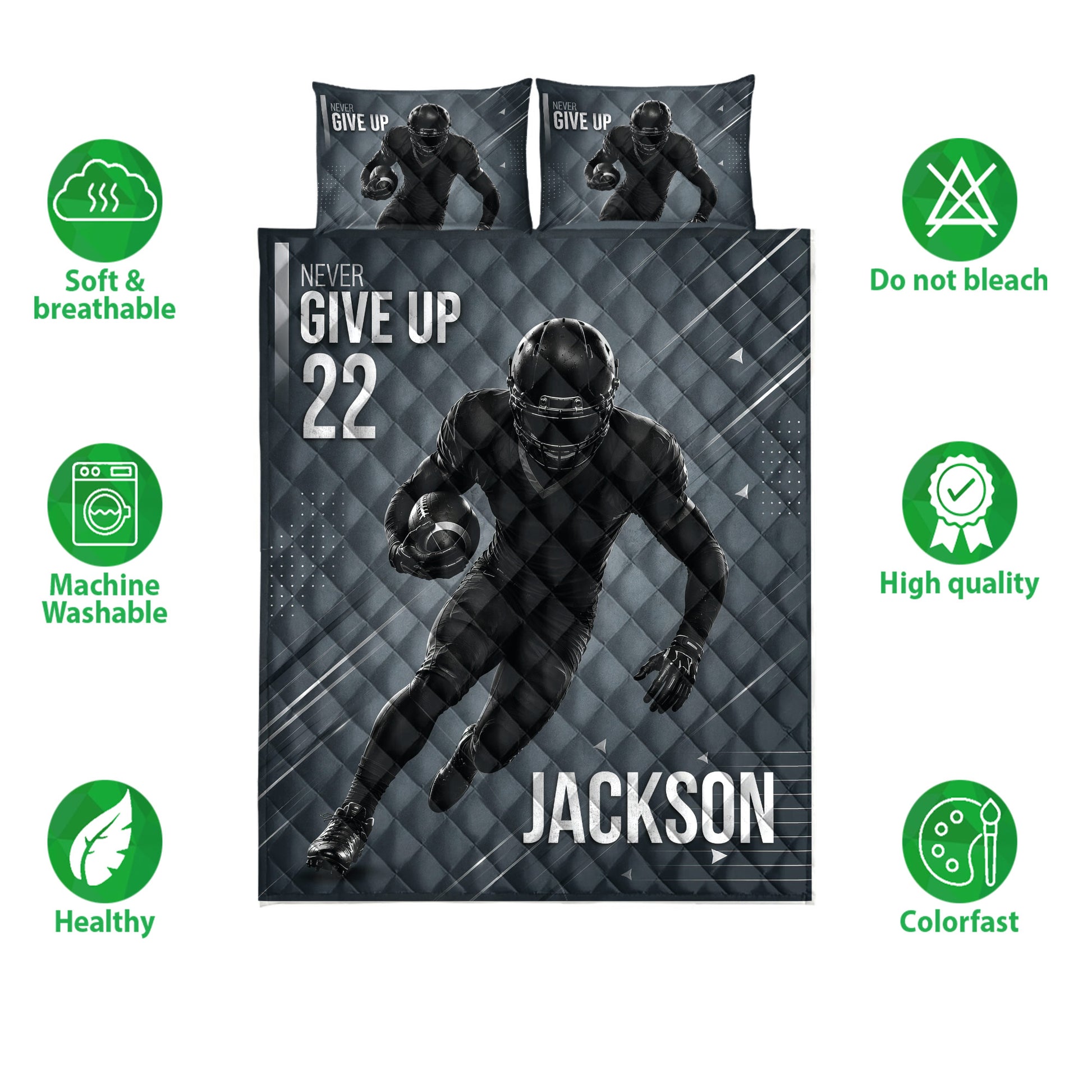 Football bedding set shown with helmeted player artwork and product feature icons
