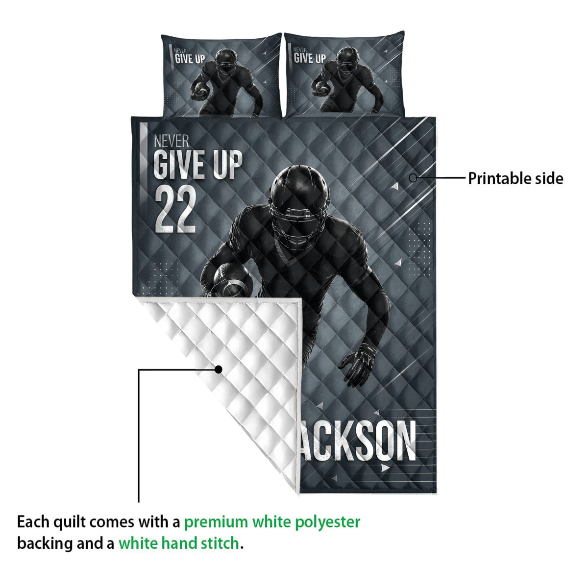 Football quilt blanket showing the printed front, white quilted backing, and sports player artwork