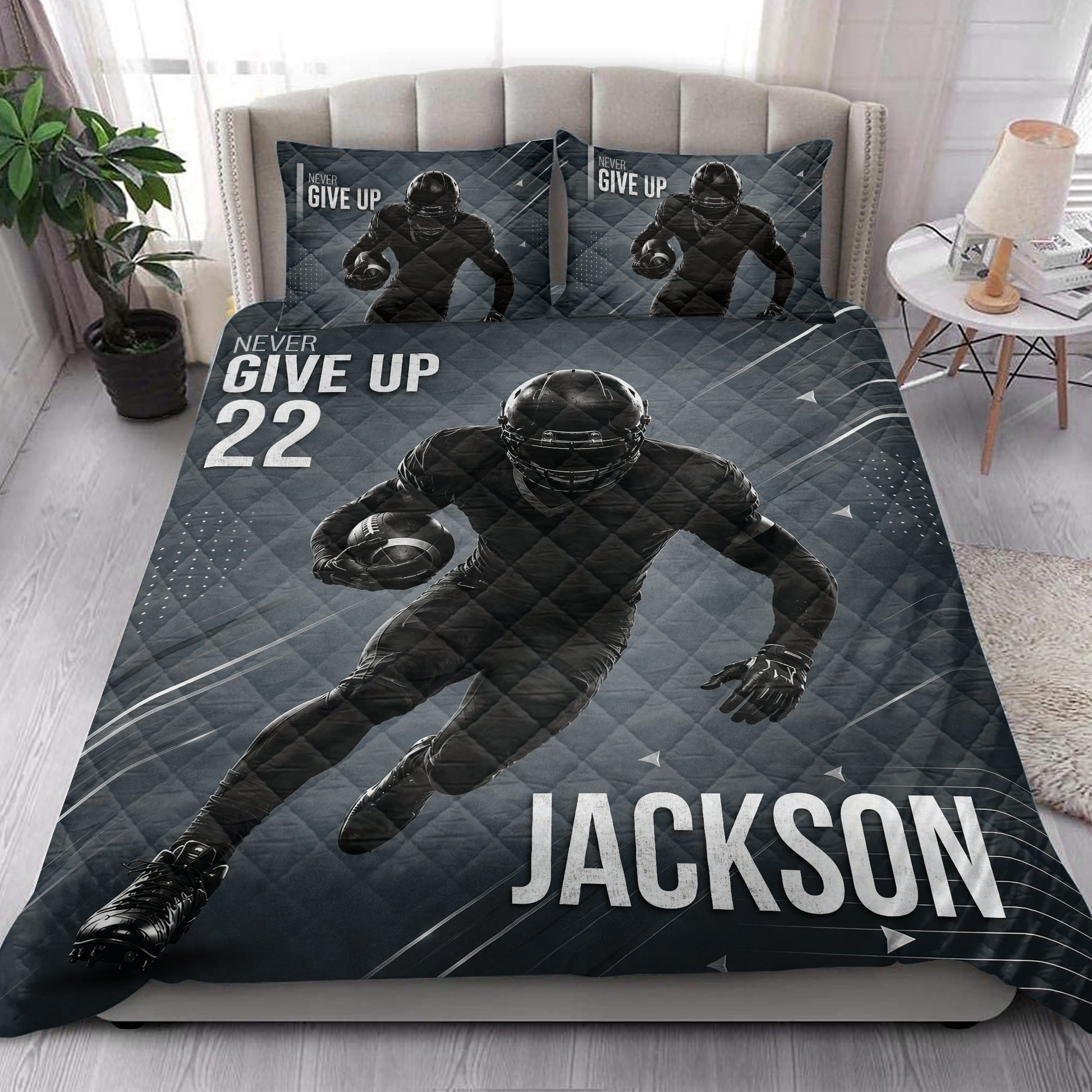 Football quilt bedding set styled in a bedroom with dark blue player and football artwork