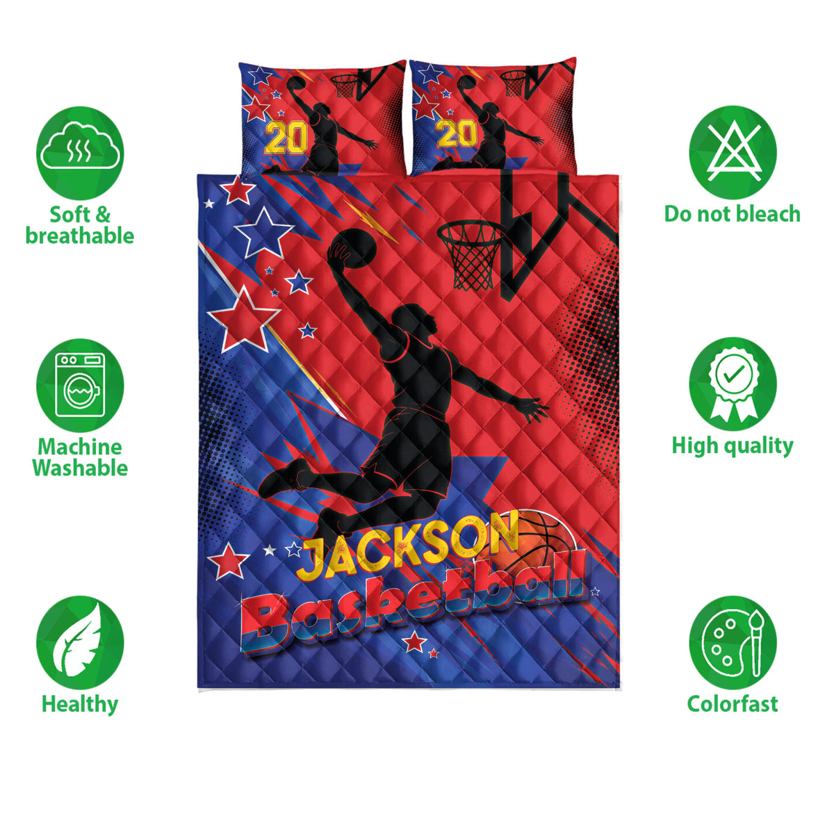 Basketball quilt bedding set shown front-facing with player silhouettes, hoop graphics, stars, and vibrant red and blue artwork