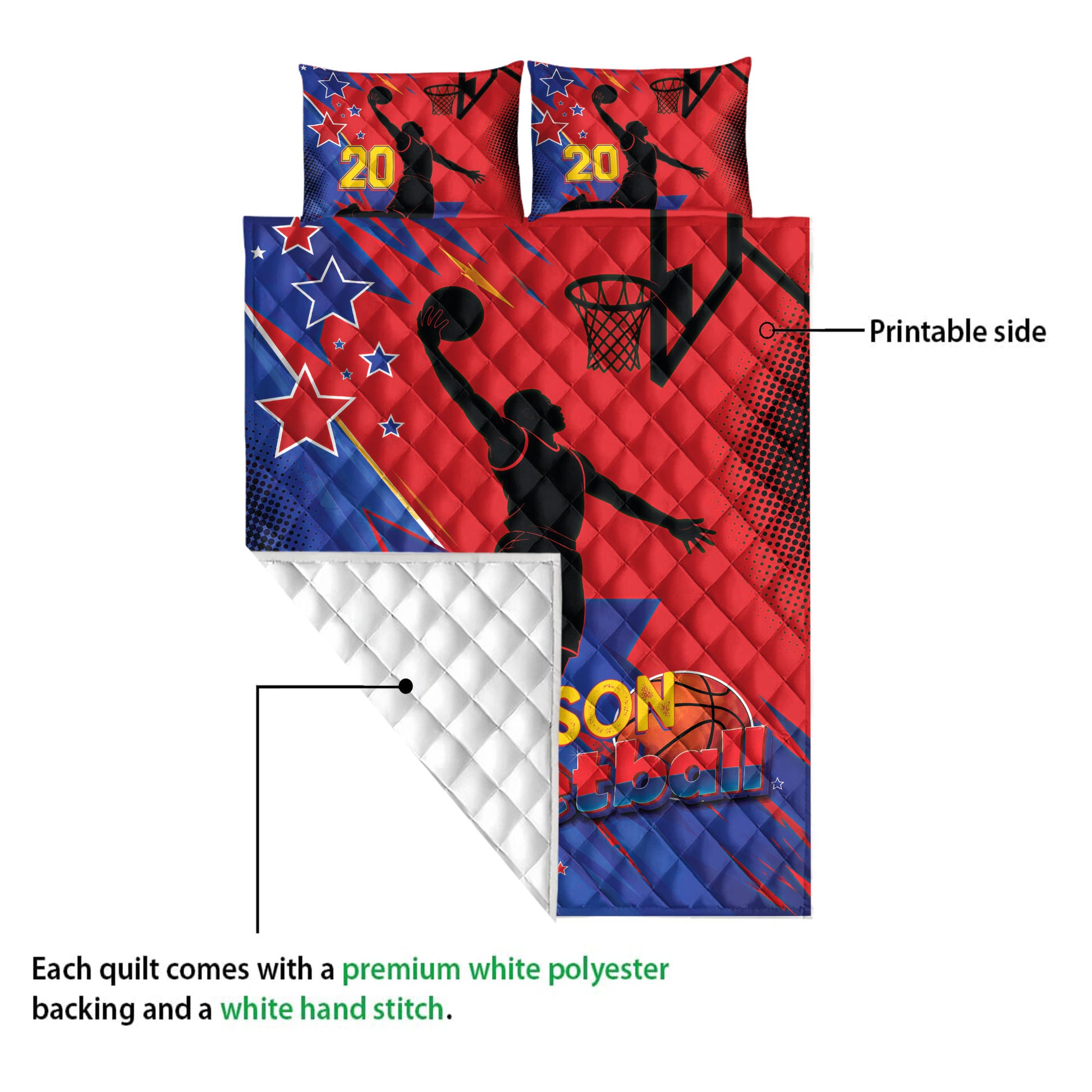 Basketball quilt blanket detail showing the printed sports artwork, quilted surface, and contrasting white backing