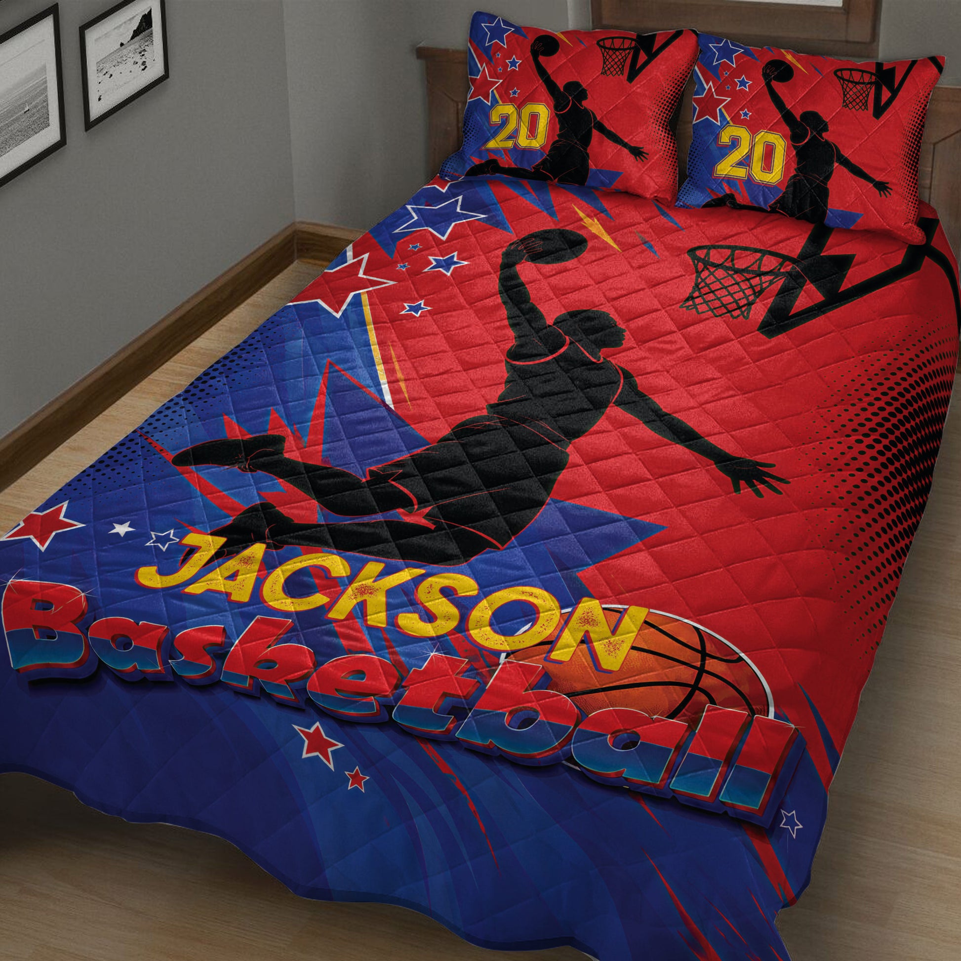 Close bedroom view of a basketball quilt blanket featuring a dynamic player silhouette, hoop, ball, and star design
