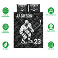 Hockey quilt bedding set shown with crossed sticks, puck, skating player artwork, and product feature icons