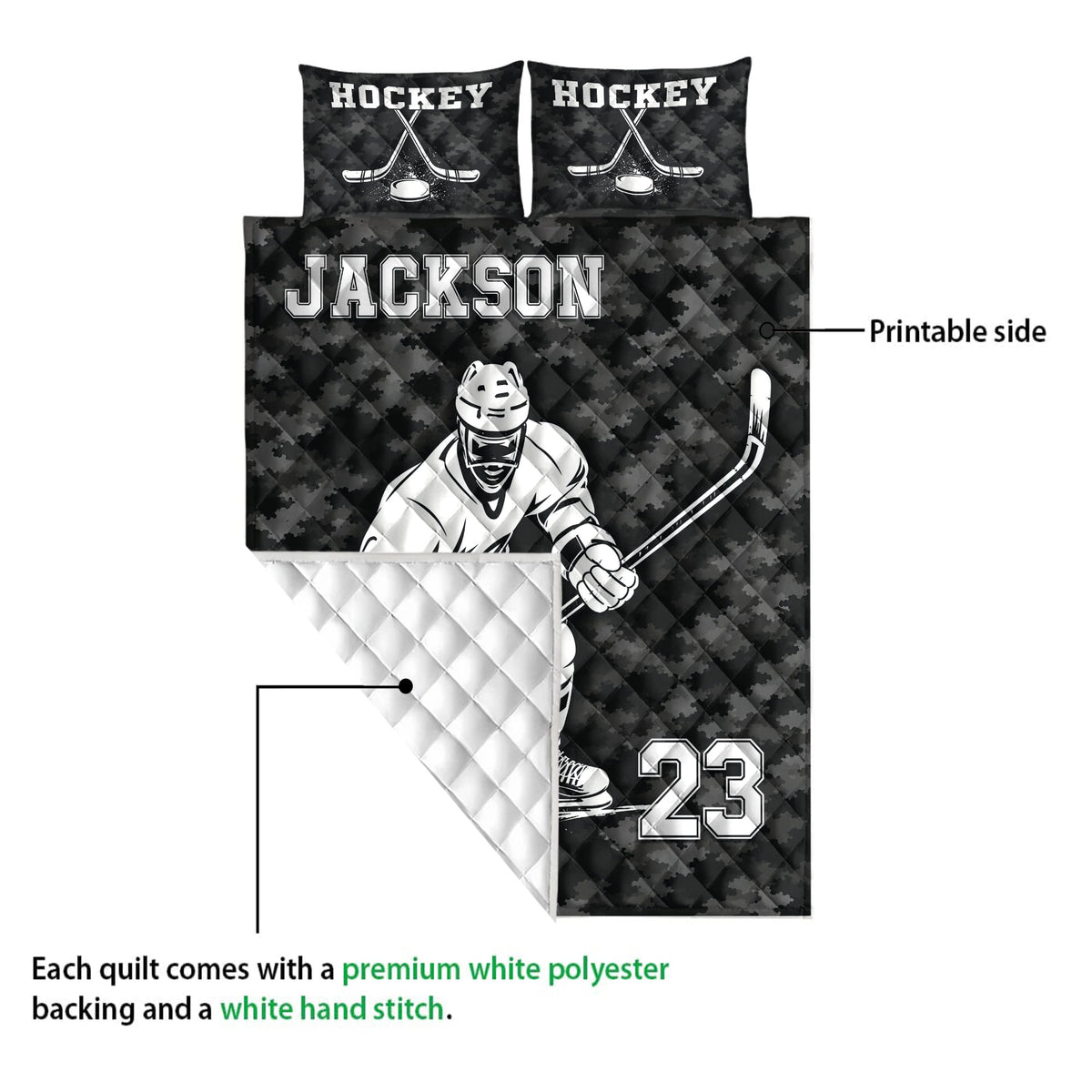 Hockey quilt shown with skating player artwork, dark camouflage print, white backing, and quilted construction