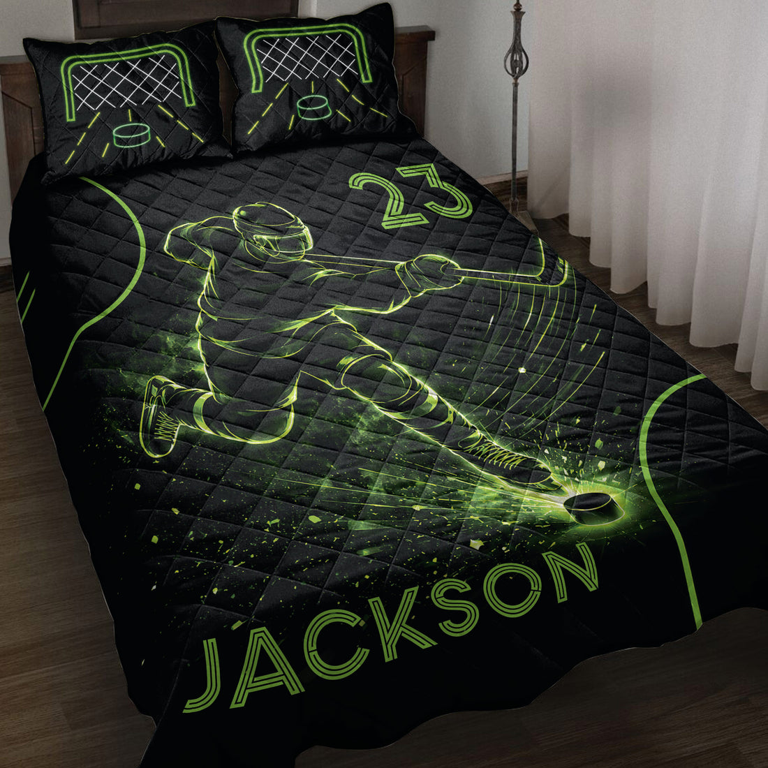 Black hockey quilt blanket displayed on a bed with neon green ice hockey player and rink artwork