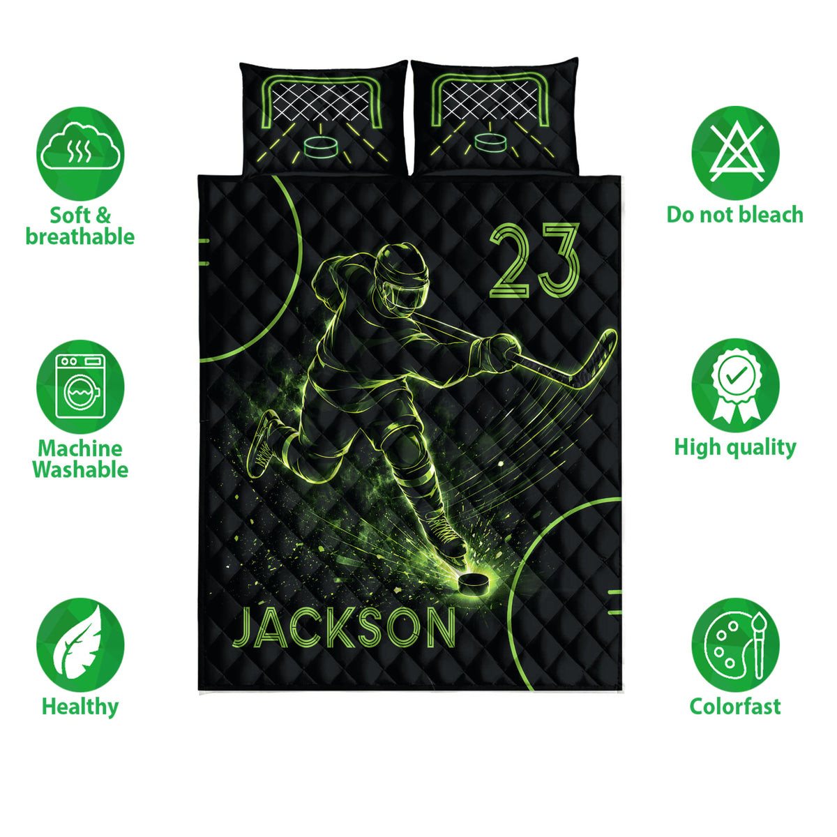 Hockey quilt bedding set shown with neon green player artwork, goal net, puck, and product feature icons