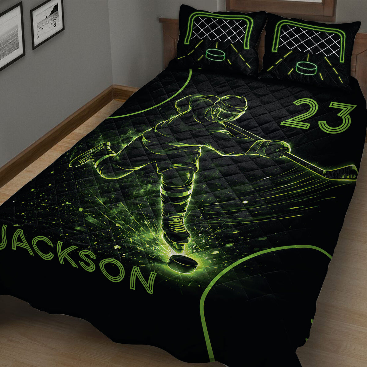 Angled view of a black hockey quilt blanket featuring a dynamic ice hockey player and glowing puck