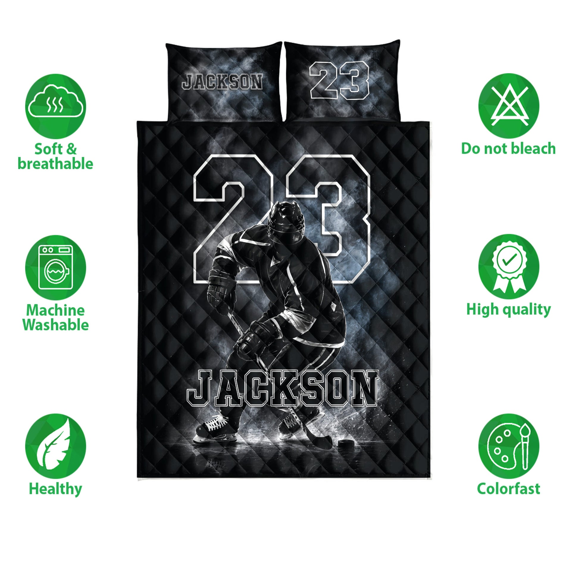Black hockey quilt bedding set shown flat with an ice hockey player design and monochrome sports artwork