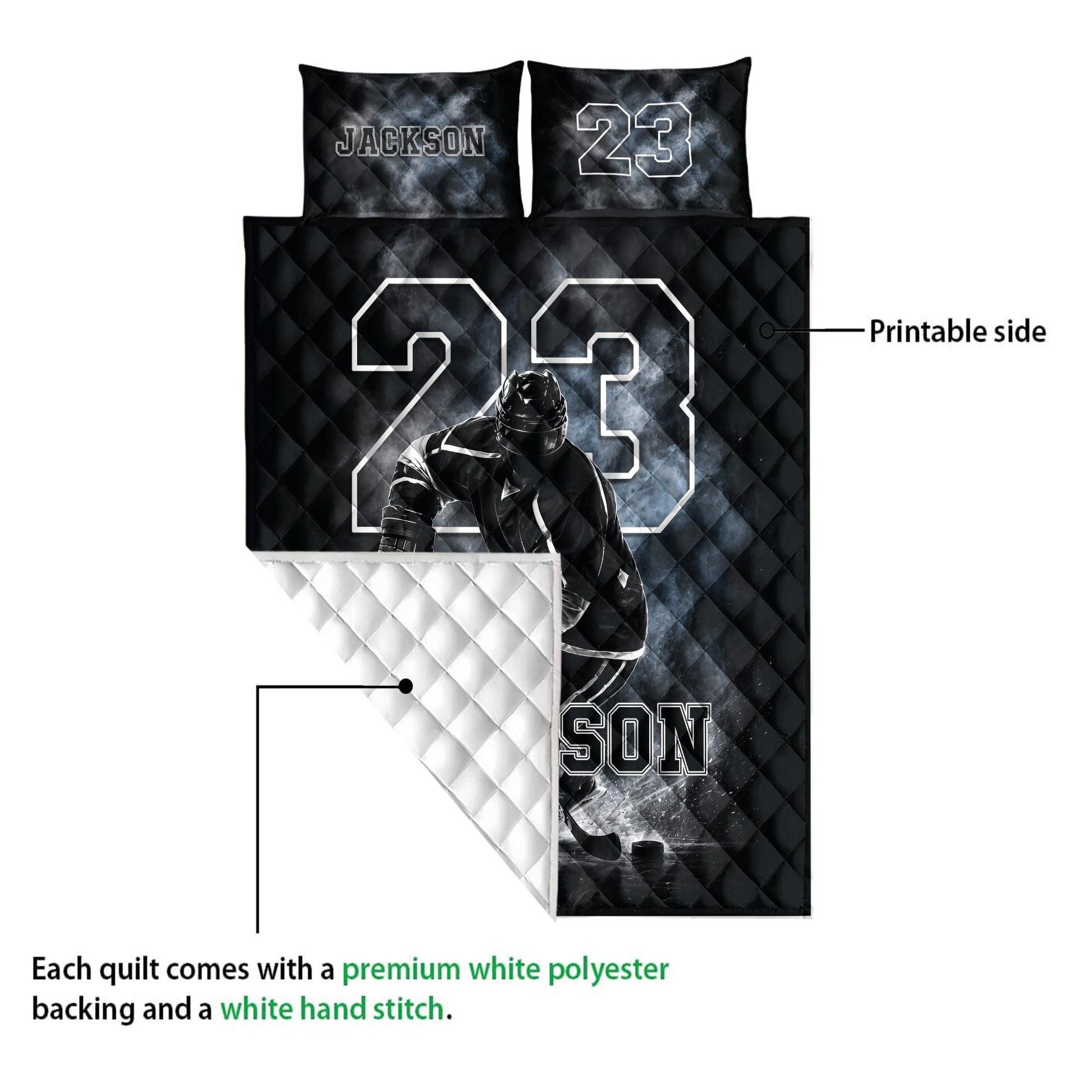Hockey quilt detail showing the printed front, diamond quilting, and white reverse side