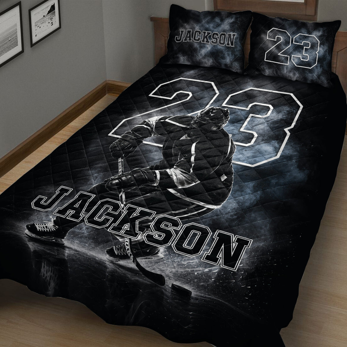 Black hockey quilt spread across a bed featuring an ice hockey player skating across an icy rink design