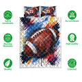 American football quilt bedding set shown with vibrant paint-splatter artwork and product feature icons