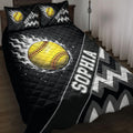 Black softball quilt blanket bedding set displayed on a bed with fiery yellow softball artwork