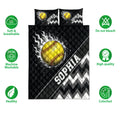 Softball quilt bedding set with black geometric design, yellow softball artwork, and feature icons