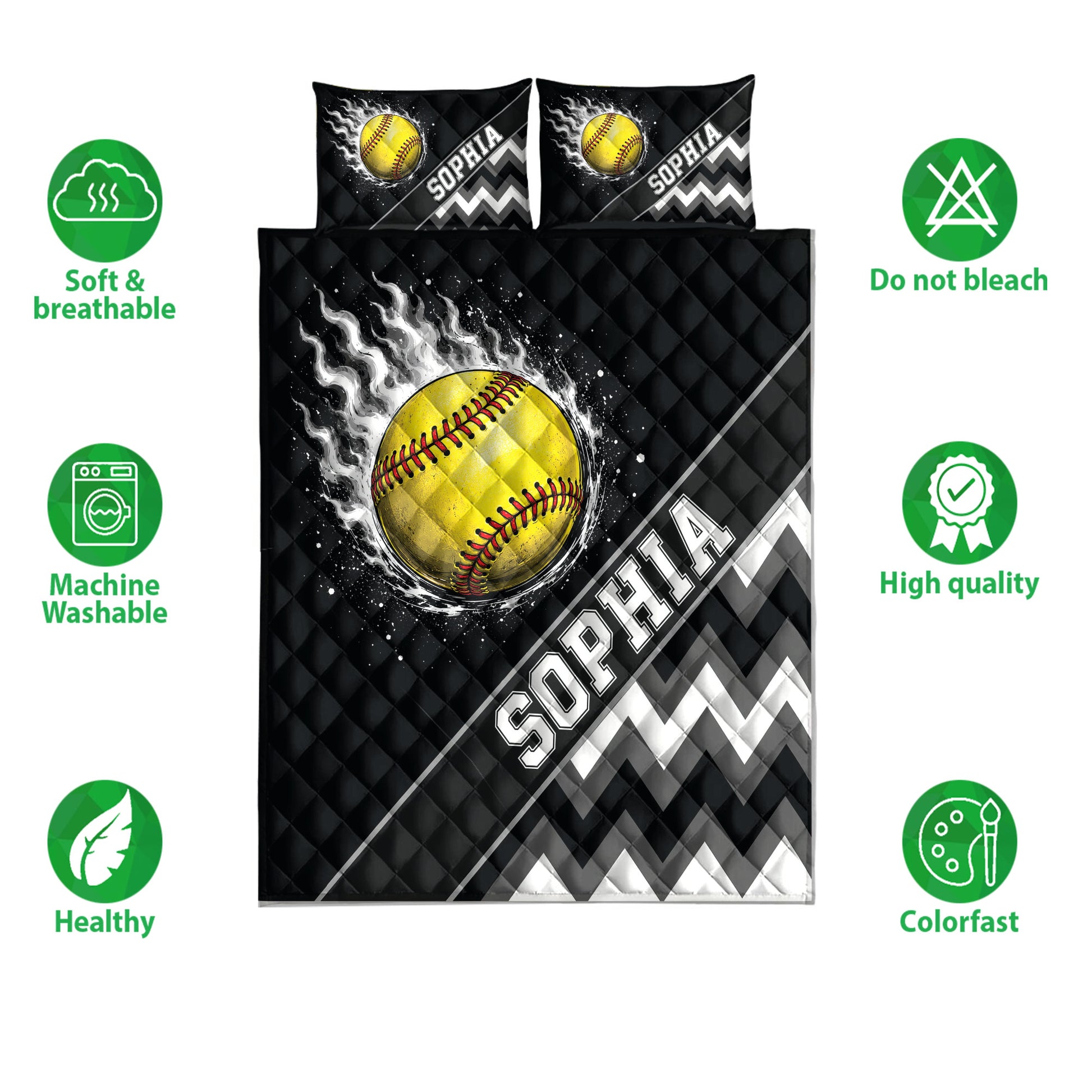 Softball quilt bedding set with black geometric design, yellow softball artwork, and feature icons