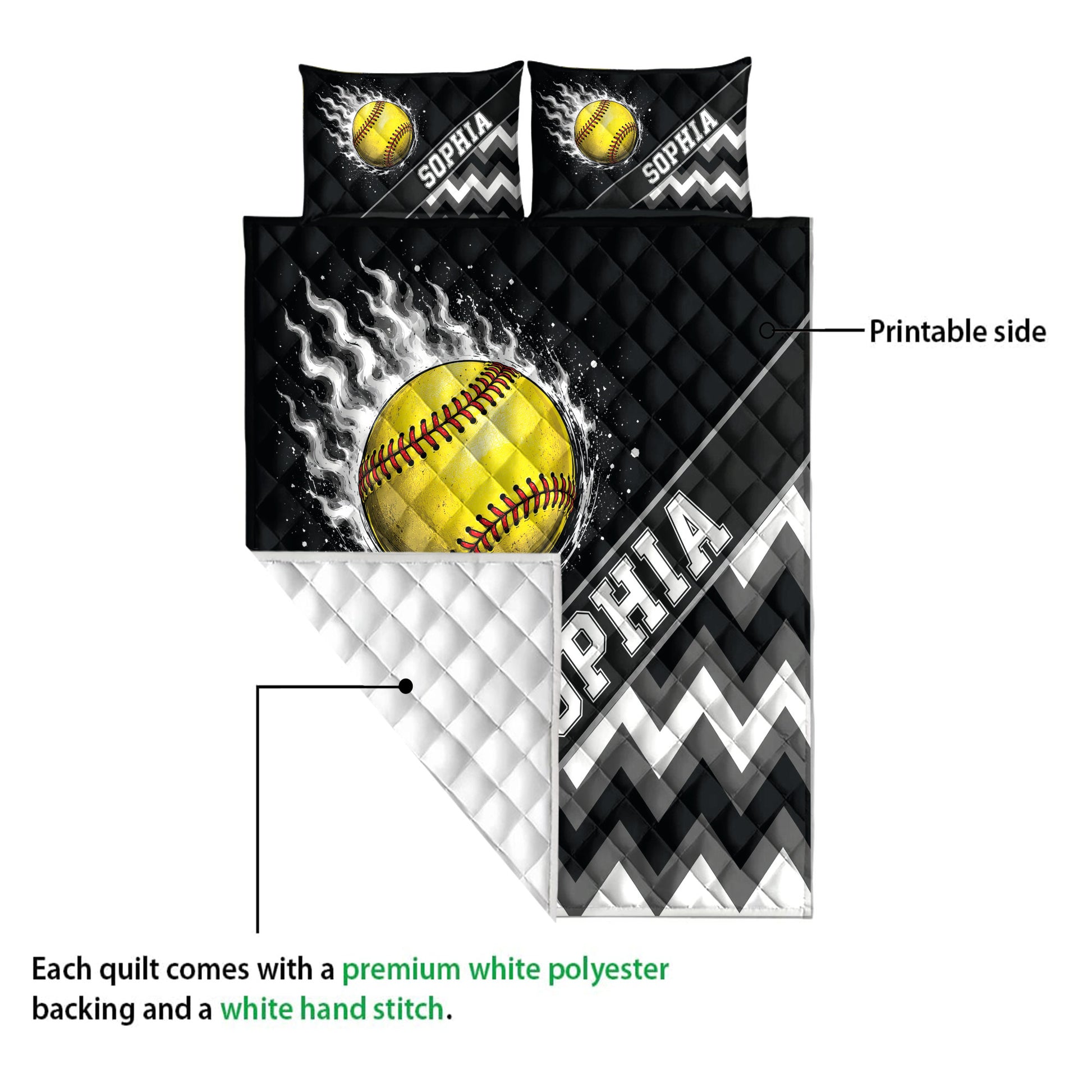 Softball quilt showing the printed front and white quilted backing in a product detail view