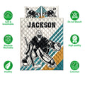 Hockey goalie quilt bedding set shown with matching pillowcase options and product feature icons