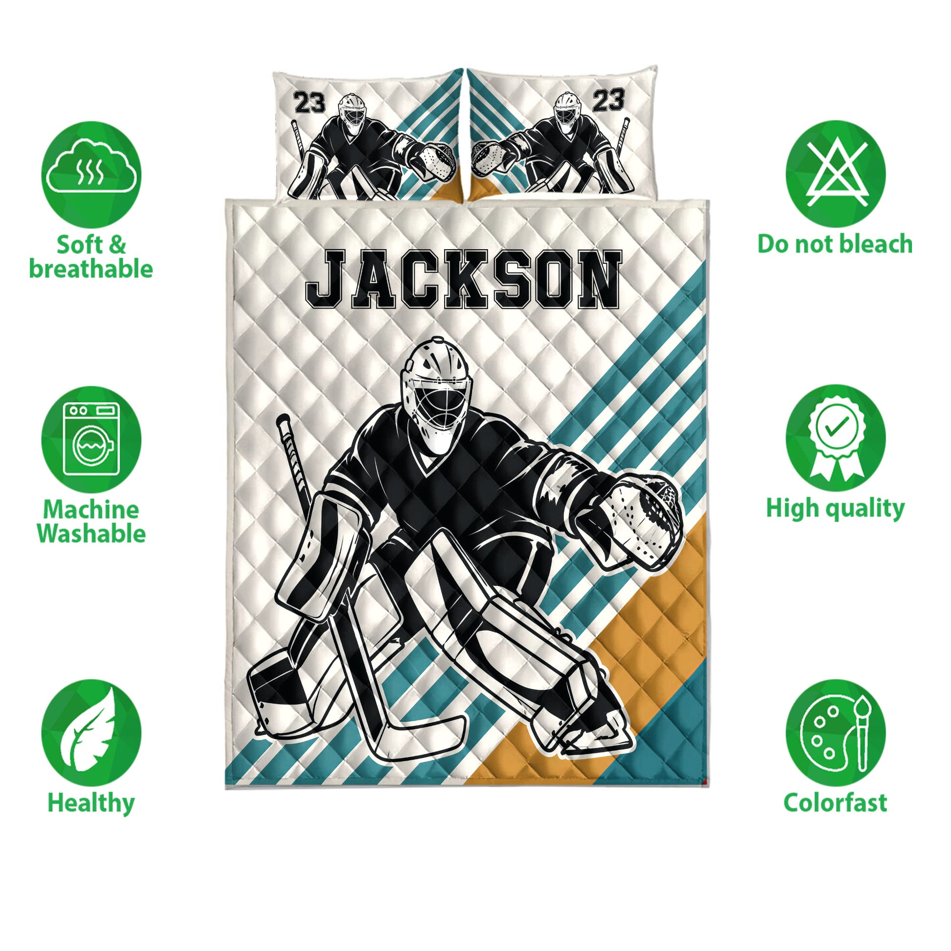 Hockey goalie quilt bedding set shown with matching pillowcase options and product feature icons