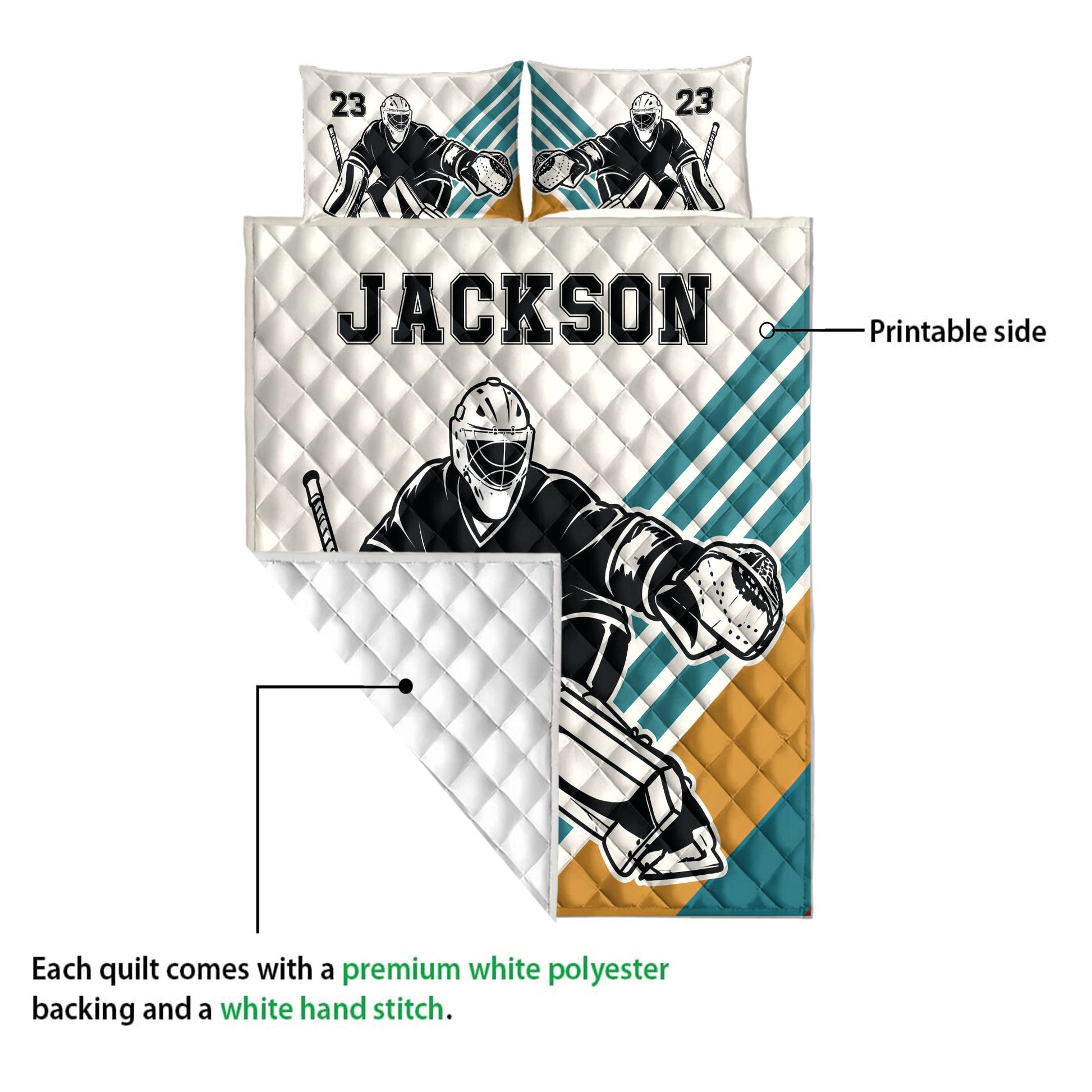 Hockey goalie quilt showing the printed front artwork and white quilted reverse side