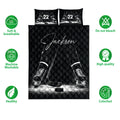 Black hockey quilt bedding set shown with skates, sticks, puck and product feature icons