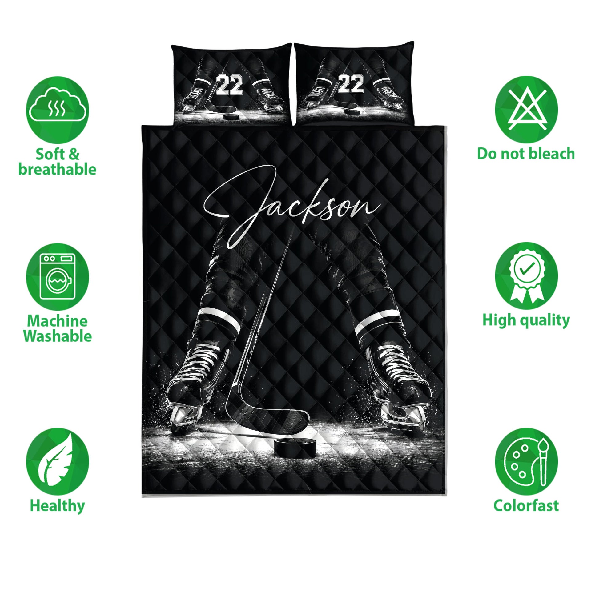 Black hockey quilt bedding set shown with skates, sticks, puck and product feature icons