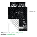 Hockey quilt blanket showing the printed front, white reverse backing and ice rink artwork