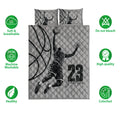 Basketball quilt bedding set shown with matching pillow covers, grayscale player artwork, and product feature icons
