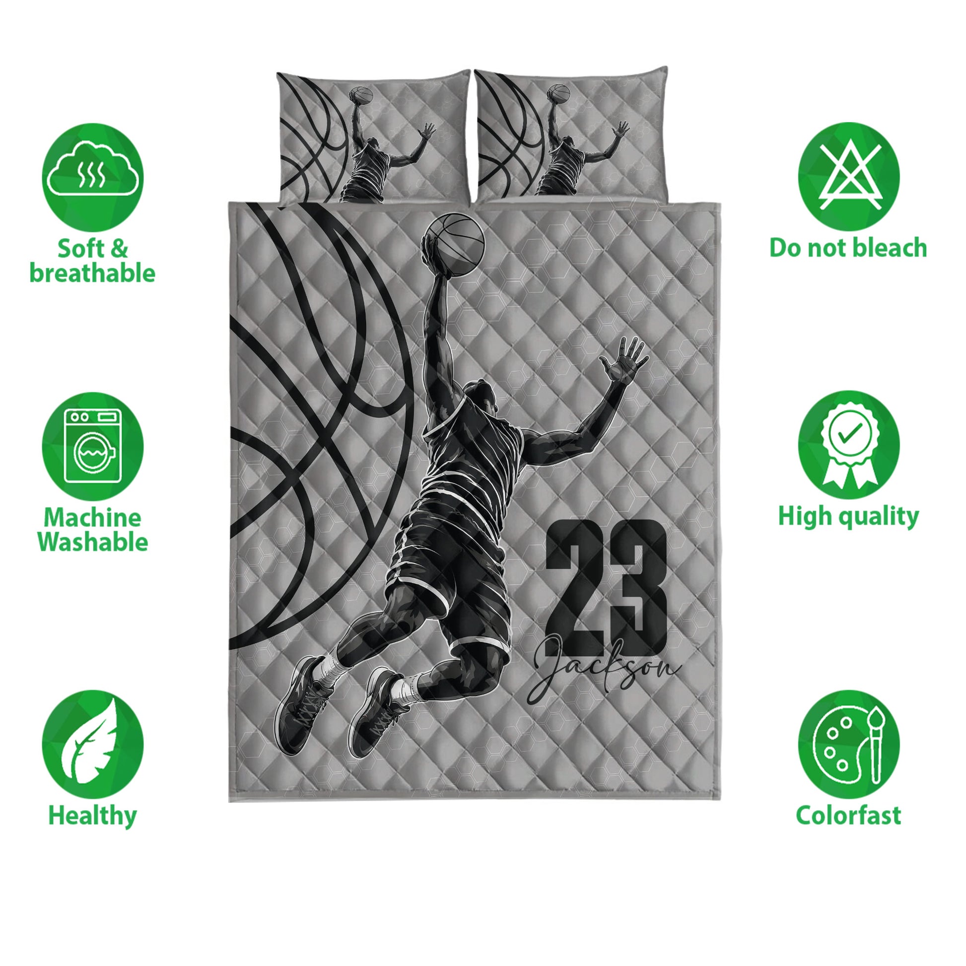 Basketball quilt bedding set shown with matching pillow covers, grayscale player artwork, and product feature icons