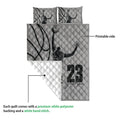 Basketball quilt blanket detail showing the printed player design, quilted reverse, and white backing