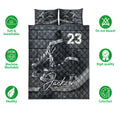 Ice hockey quilt bedding set shown with skate artwork and product feature icons on a white background