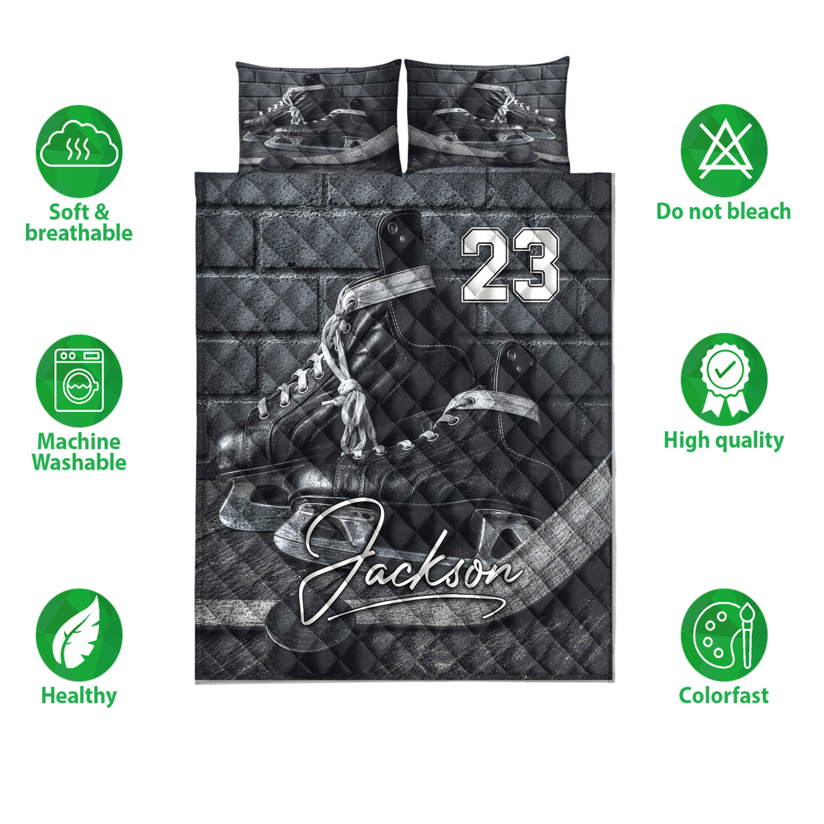 Ice hockey quilt bedding set shown with skate artwork and product feature icons on a white background