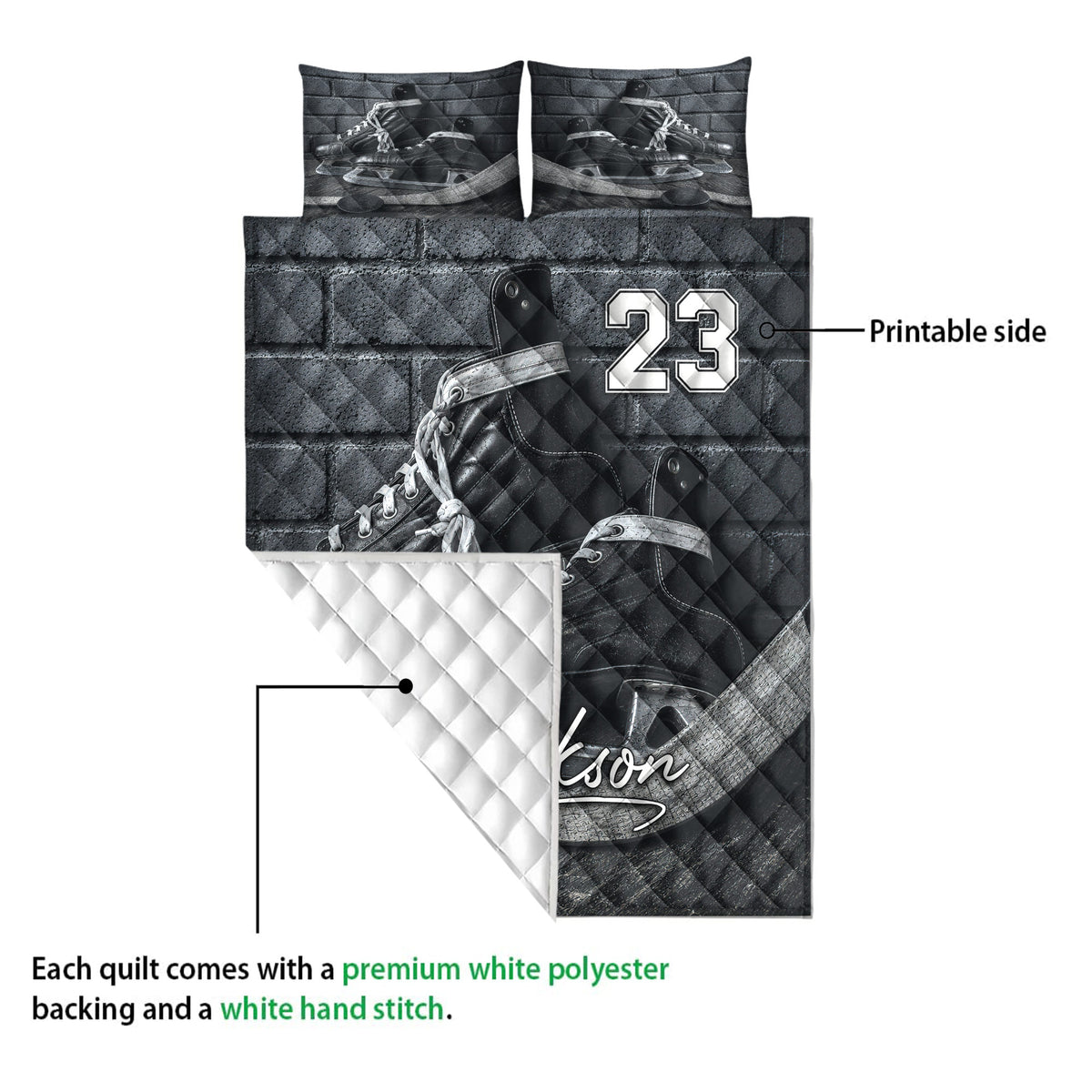 Hockey quilt blanket shown with printable skate artwork and a white quilted backing detail