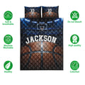 Basketball quilt blanket and pillowcase options shown with care and quality feature icons on a white background