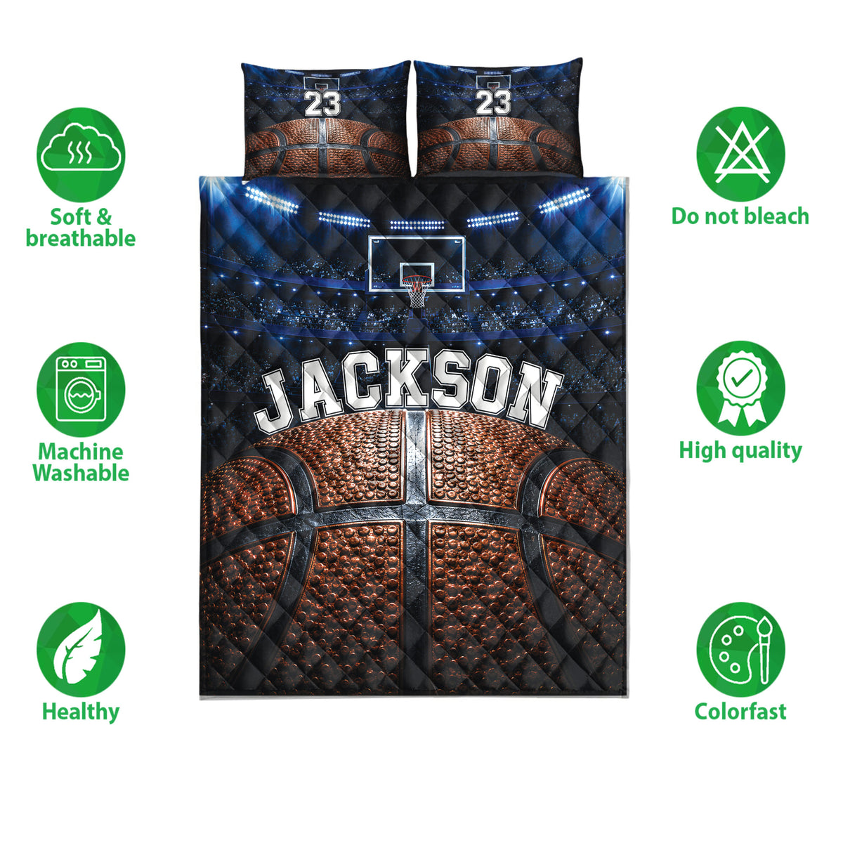 Basketball quilt blanket and pillowcase options shown with care and quality feature icons on a white background
