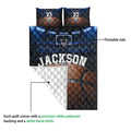 Basketball quilt bedding set showing the printed arena side and white quilted backing detail