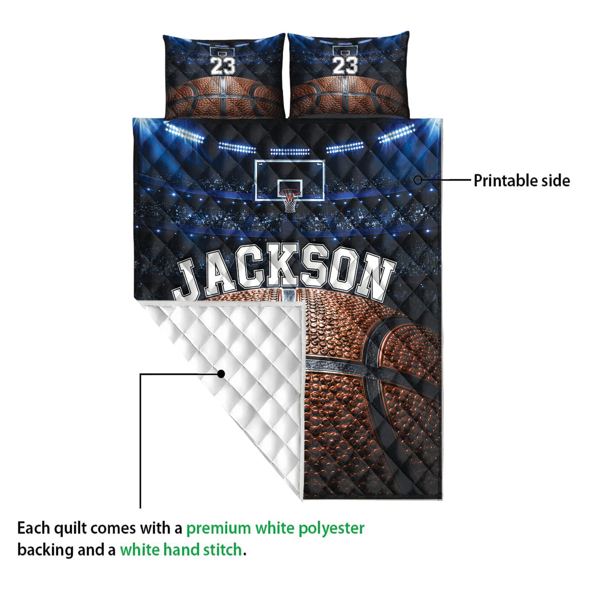 Basketball quilt bedding set showing the printed arena side and white quilted backing detail