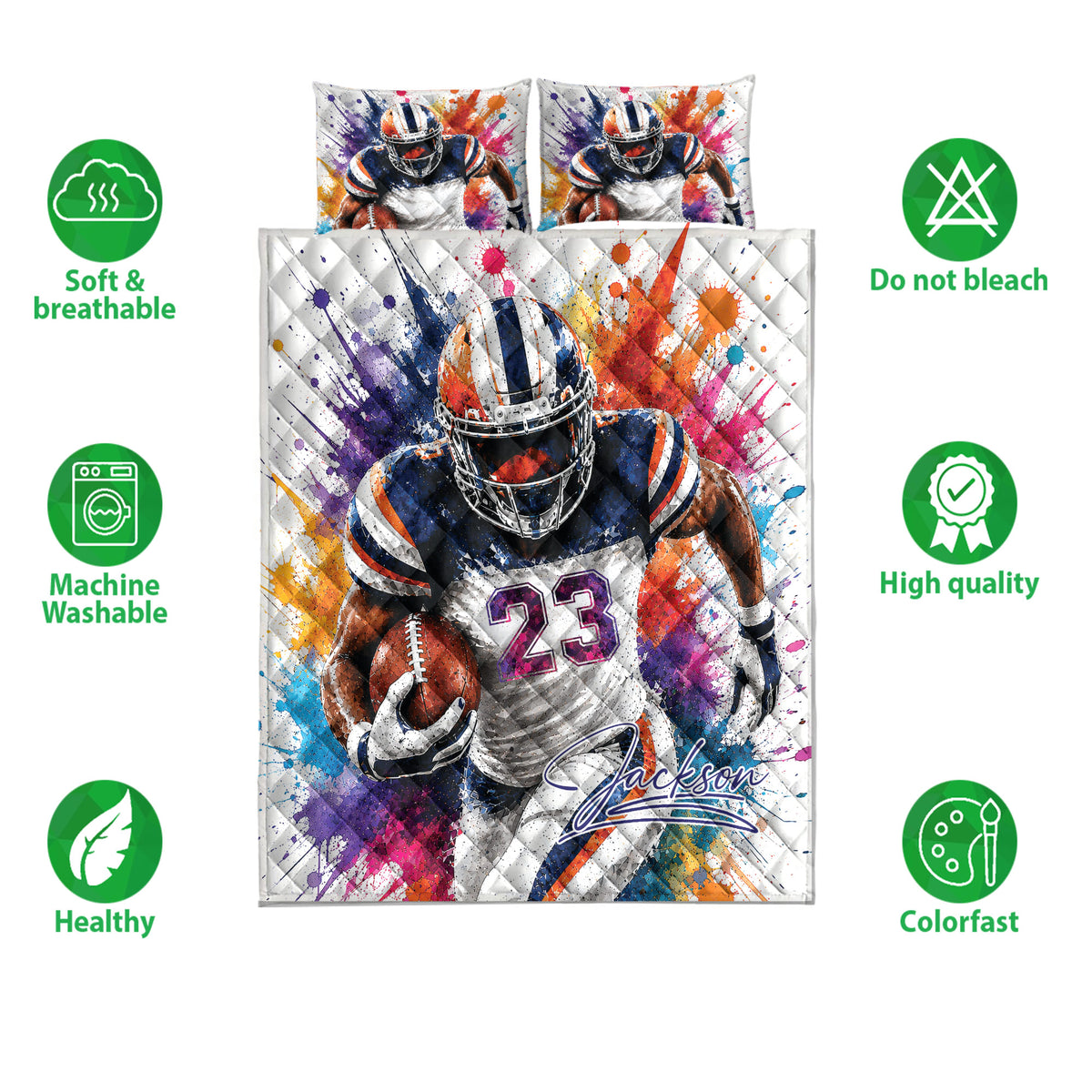Football quilt blanket set shown with vibrant player artwork and soft breathable bedding feature icons