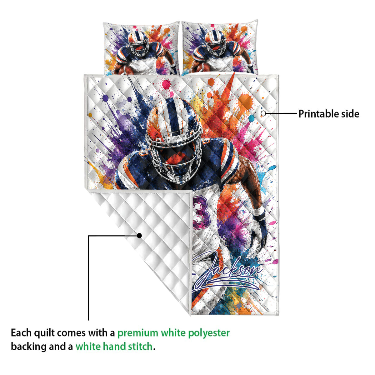 Football quilt showing a printed player design, white quilted backing, and colorful sports artwork