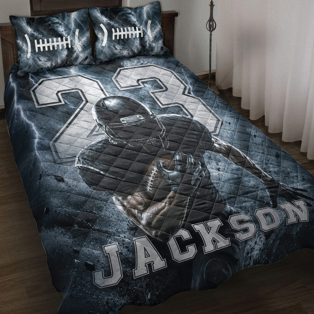 Football quilt bedding set displayed on a bed with storm artwork, player silhouette, helmet, and bold jersey-style numbers