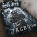 Football quilt bedding set displayed on a bed with storm artwork, player silhouette, helmet, and bold jersey-style numbers