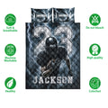 Football quilt blanket set with storm-themed player artwork, football graphics, and product feature icons