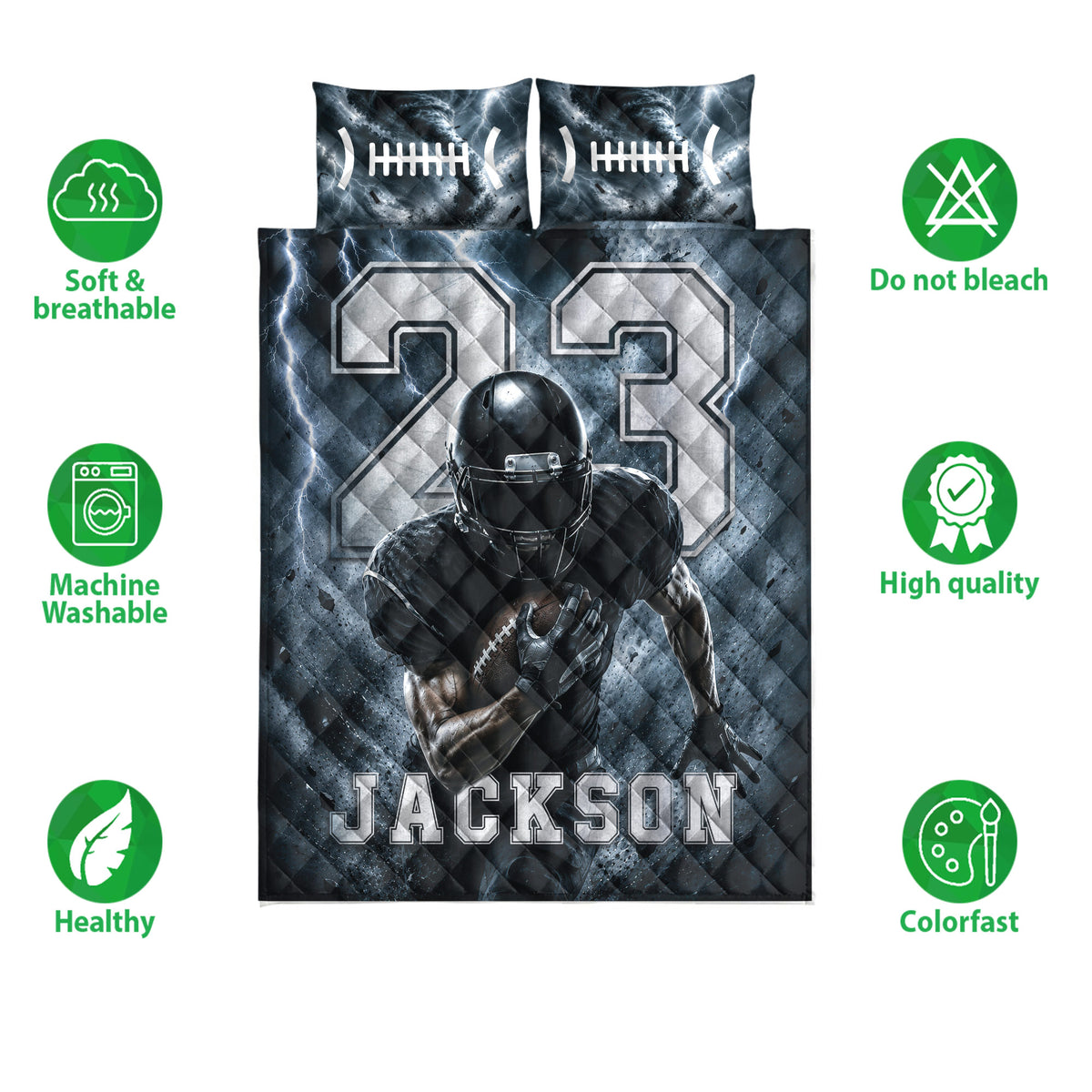 Football quilt blanket set with storm-themed player artwork, football graphics, and product feature icons
