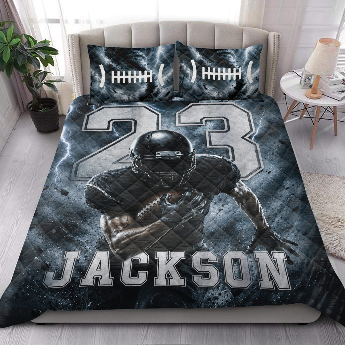 Football quilt blanket styled on a bedroom bed with storm graphics, helmeted player, football, and bold numbers