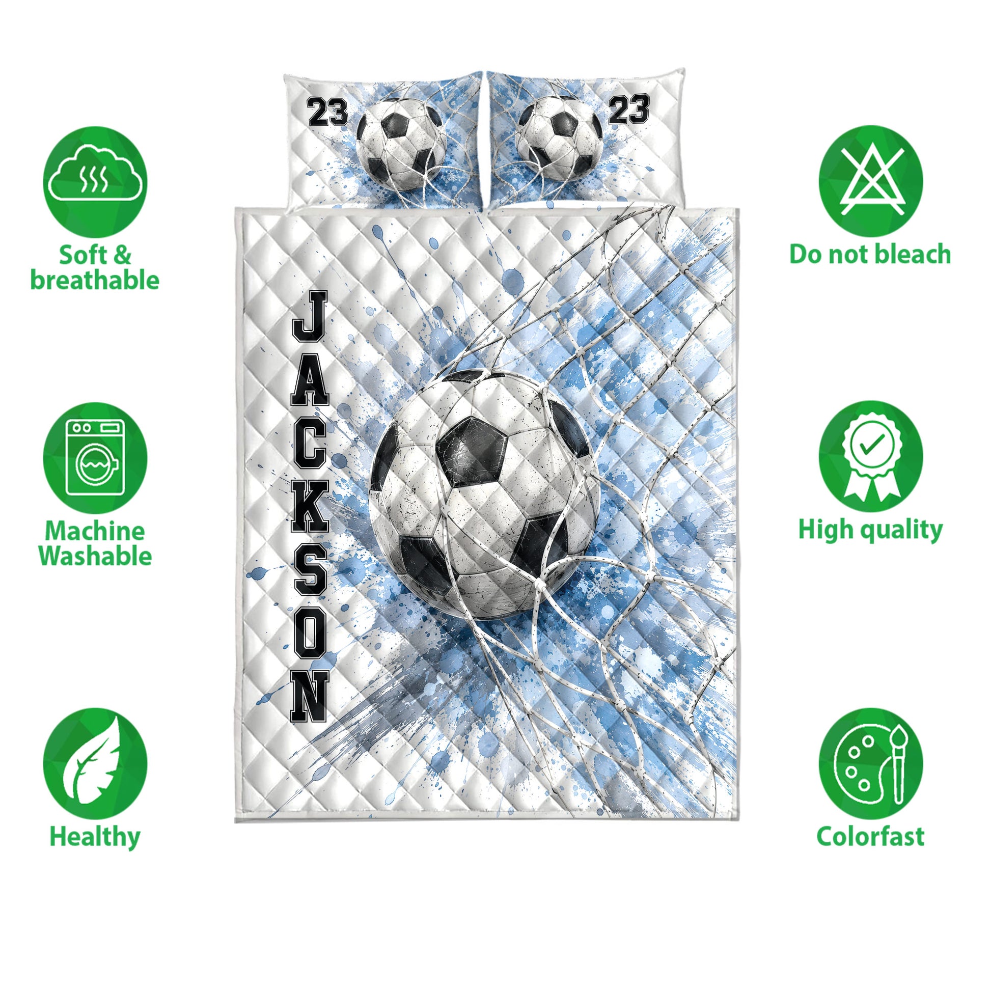 Soccer quilt bedding set shown with blue goal-net artwork and feature icons around the bed set