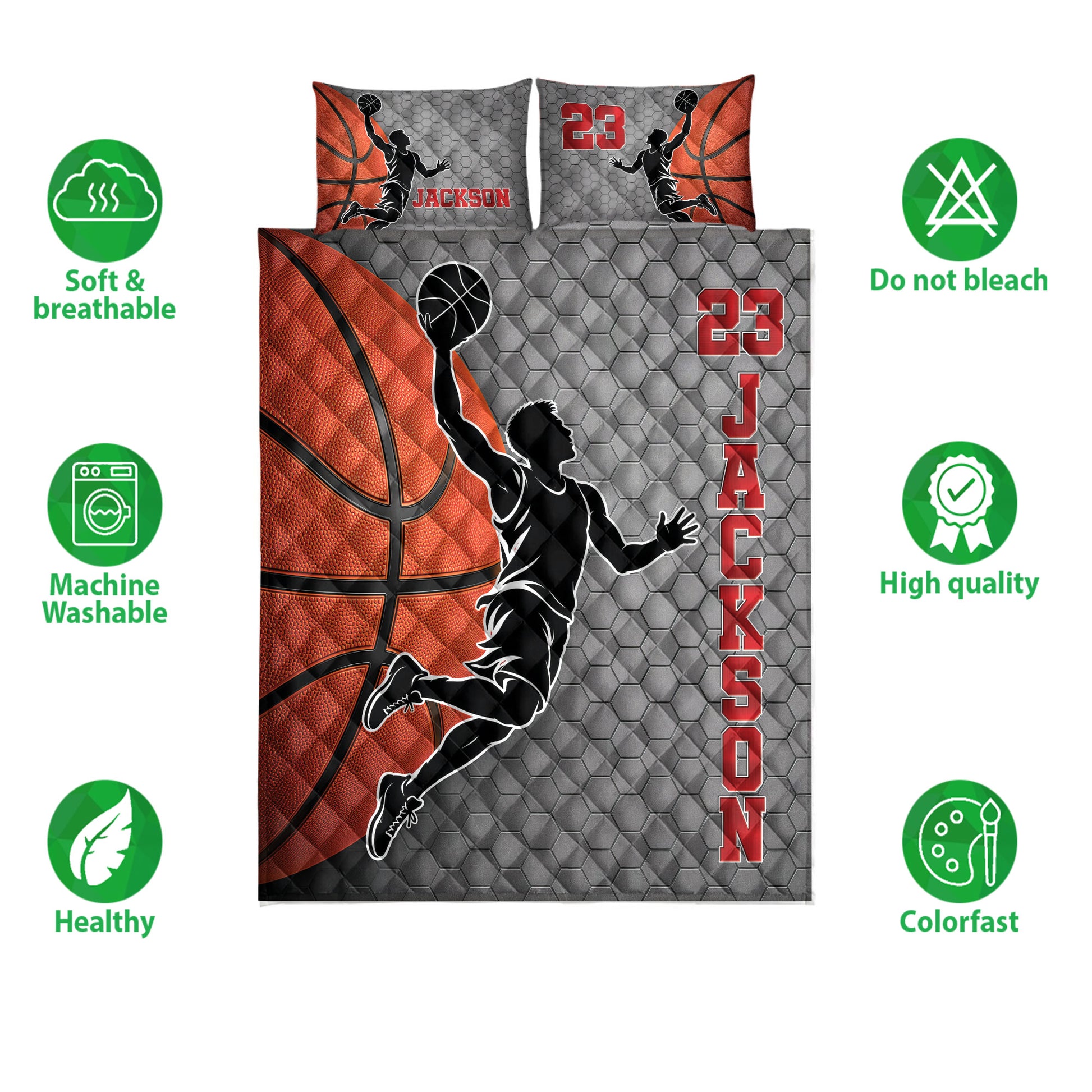 Basketball quilt bedding set shown with bold court-inspired artwork and product feature icons